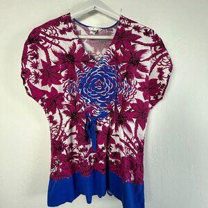 CAbi #193 Womens Pink Blue Tie Empire Waist Floral Blouse Top Large Short Sleeve